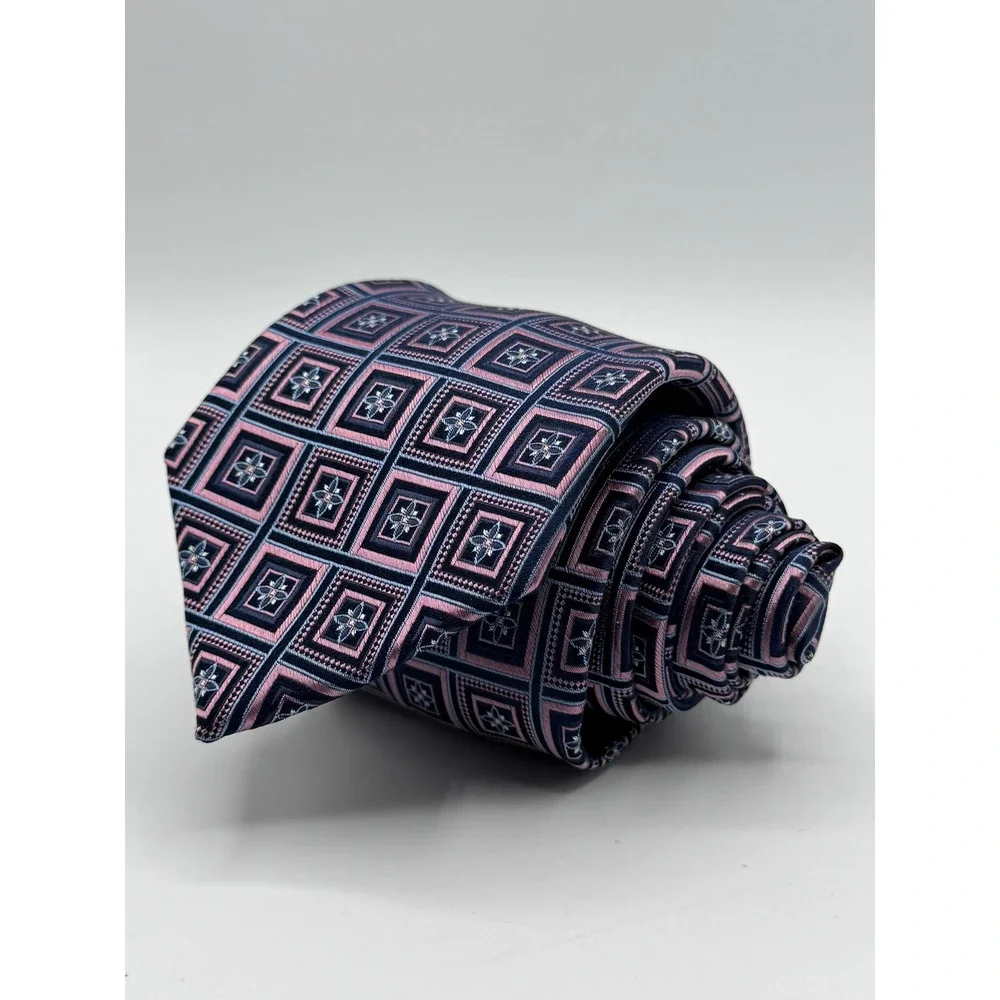 Jos. A. Bank Reserve Navy Pink Geometric Floral Silk Men's Necktie Classic Width